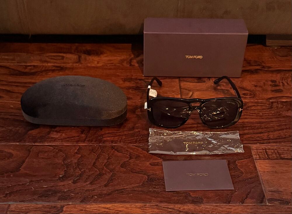 $625 NIB Tom Ford Black Double Bridge Square Aviator Sunglasses Full Set